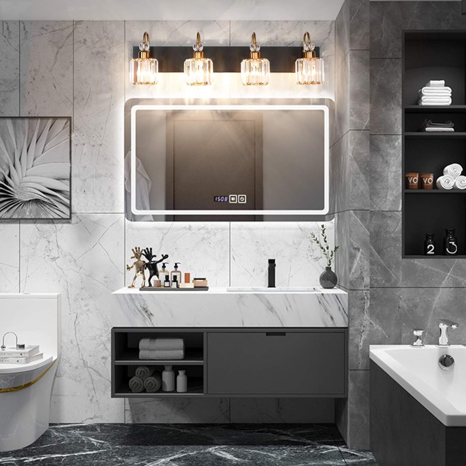 LED Modern Vanity Lights Fixtures 4 Lights Black Vanity Lights Crystal Modern Matte Black Vanity Lights for Bathroom