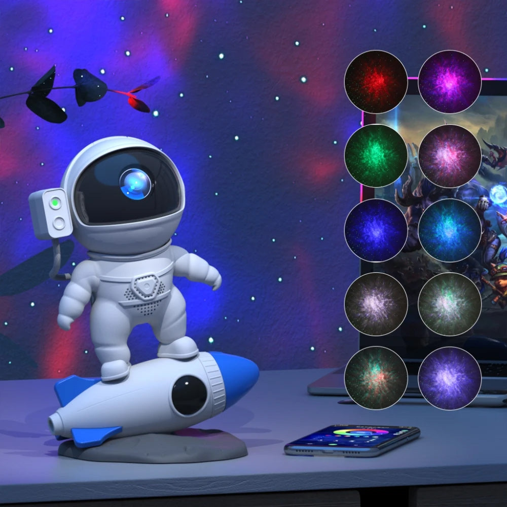 Casora Astronaut Galaxy Projector — desk scene with phone app and color modes