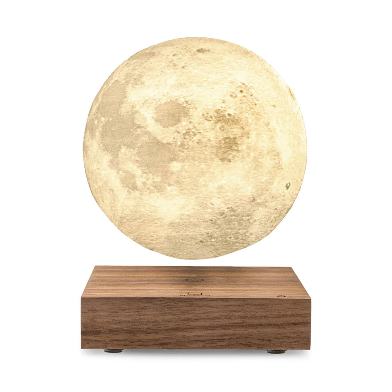 Casora Levitating Moon Lamp - lit angle showing nasa lunar topography texture